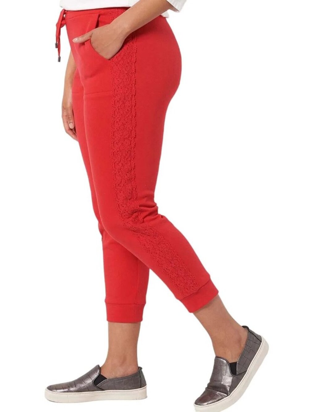Susan Graver Weekend  Jogger Large Petite French Terry Cropped Bright Coral NEW